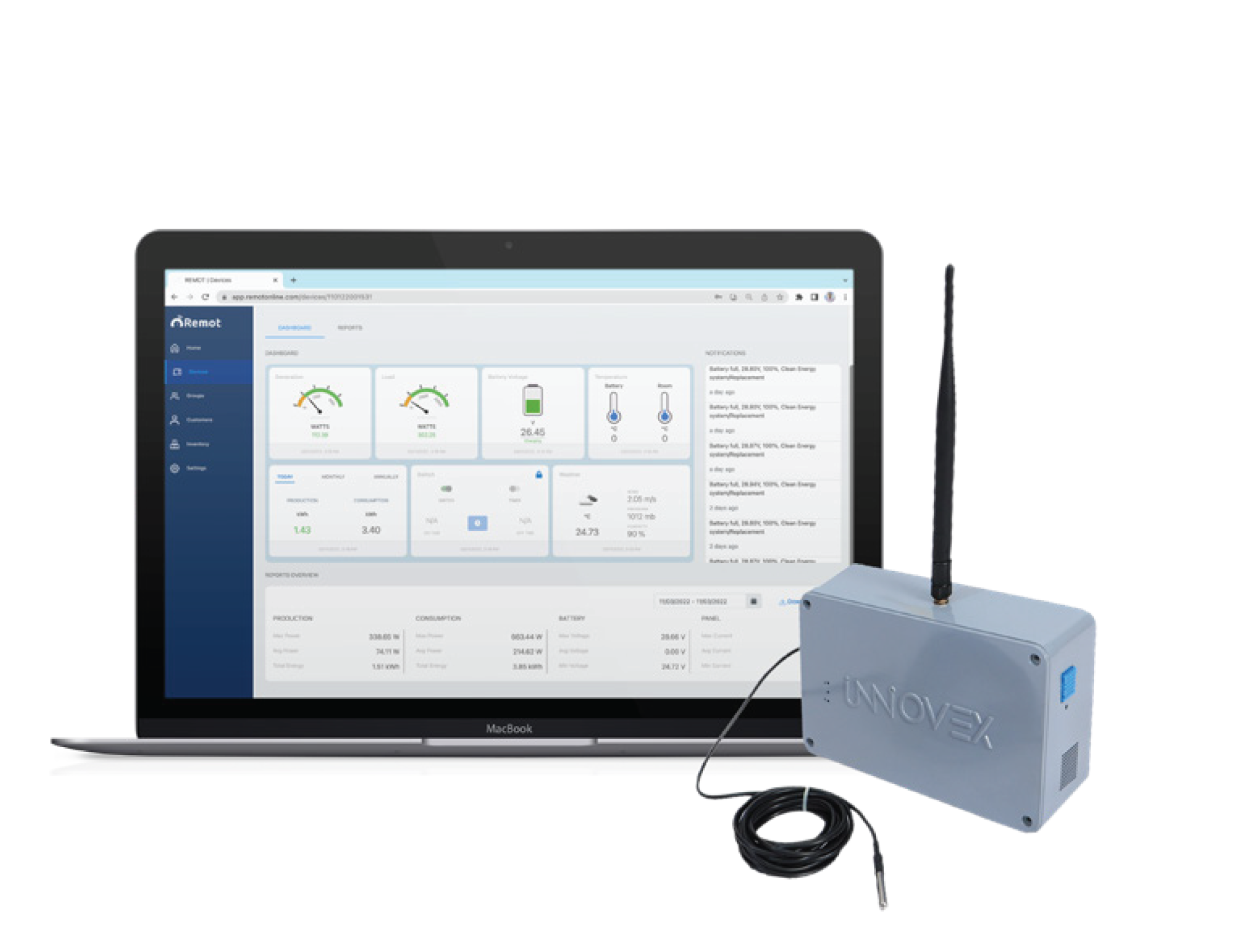 REMOT dashboard running on a laptop next to an Innovex IoT gateway